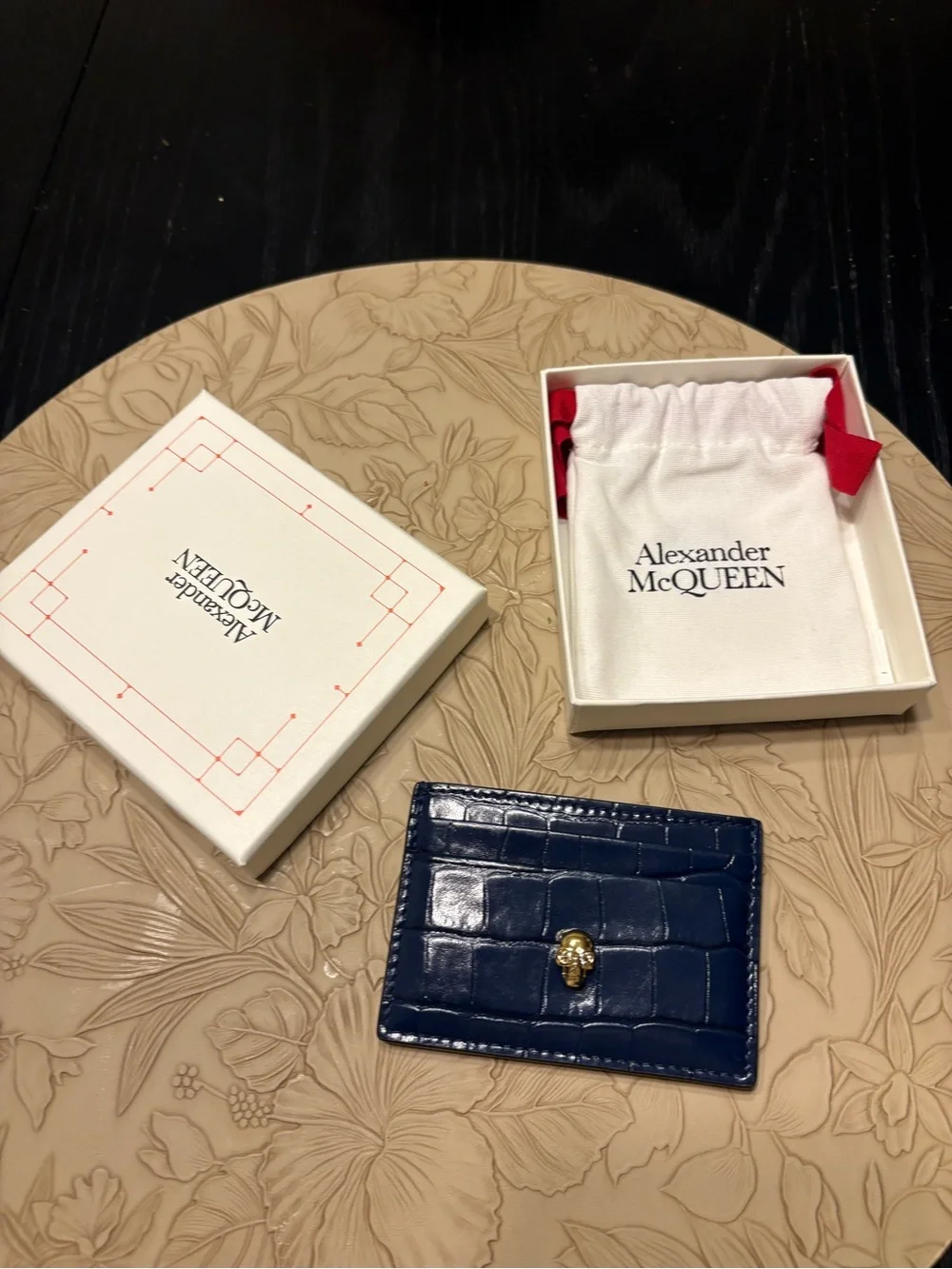 Alexander McQueen Navy Croc-Embossed Card & Key Holder with Gold Skull
